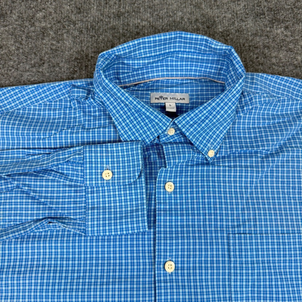 Peter Millar Button Down Gingham Plaid Shirt Mens Large Blue Cotton EUC 80 CHARS